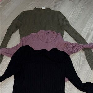 Ribbed Long Sleeve Tops in Black, Pink, and Olive